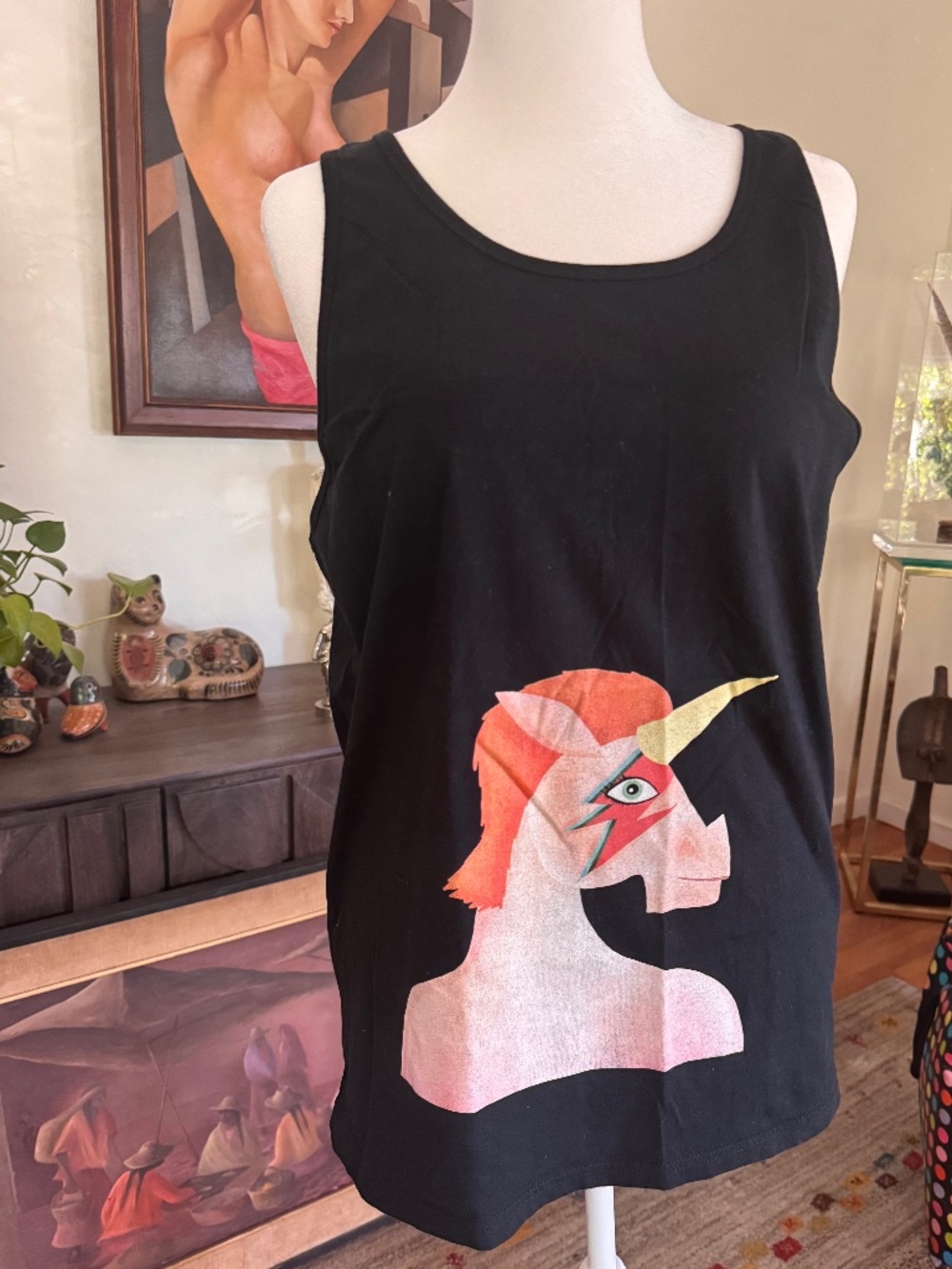 Unicorn Bowie Black Graphic Tank Top L